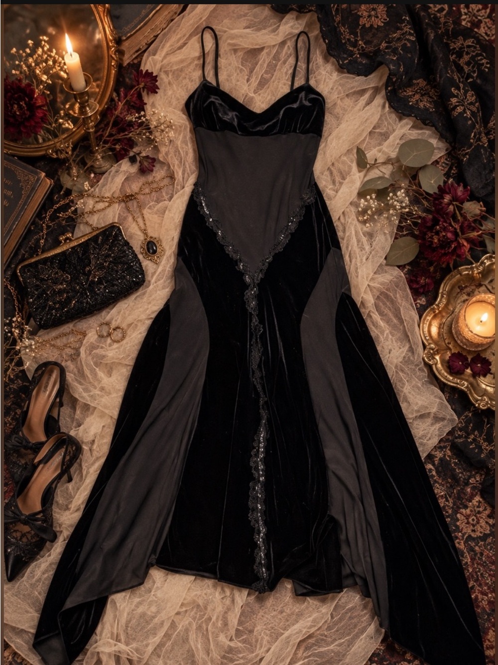 Vintage Velvet Lace Sequin Dress Dark Romantic Whimsygoth Handkerchief Hem